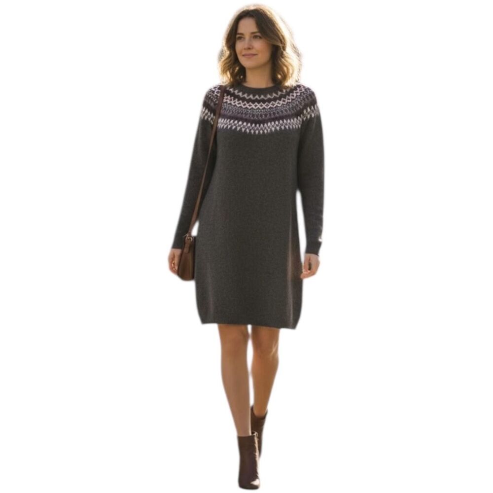 J Jill Sweater Dress Womens Medium Gray Fair Isle Knit Long Sleeve Casual Winter